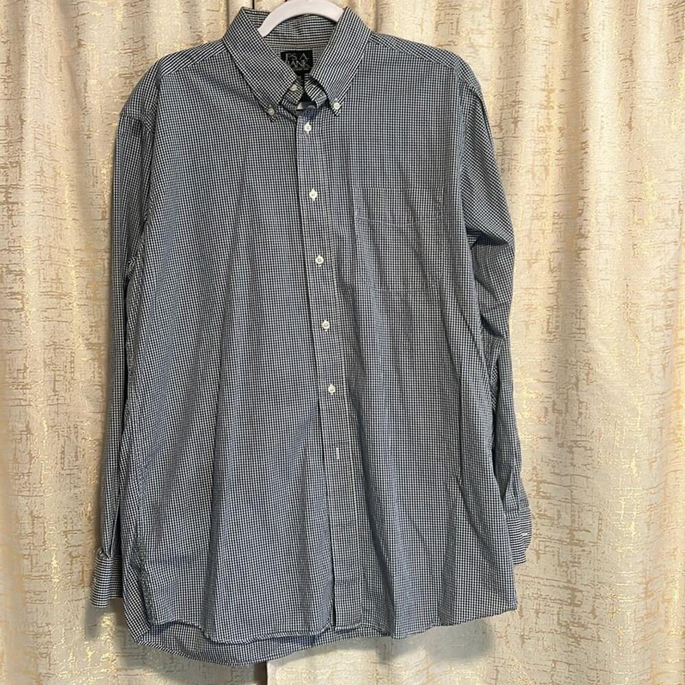 Jos A Bank 100% Cotton Dress Shirt Blue White Checkered Button Up Mens Sz 16-35